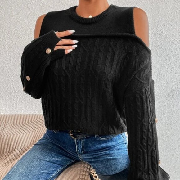 BLACK Button Detail Cold Shoulder Knit Sweater Top - Picture 5 of 6